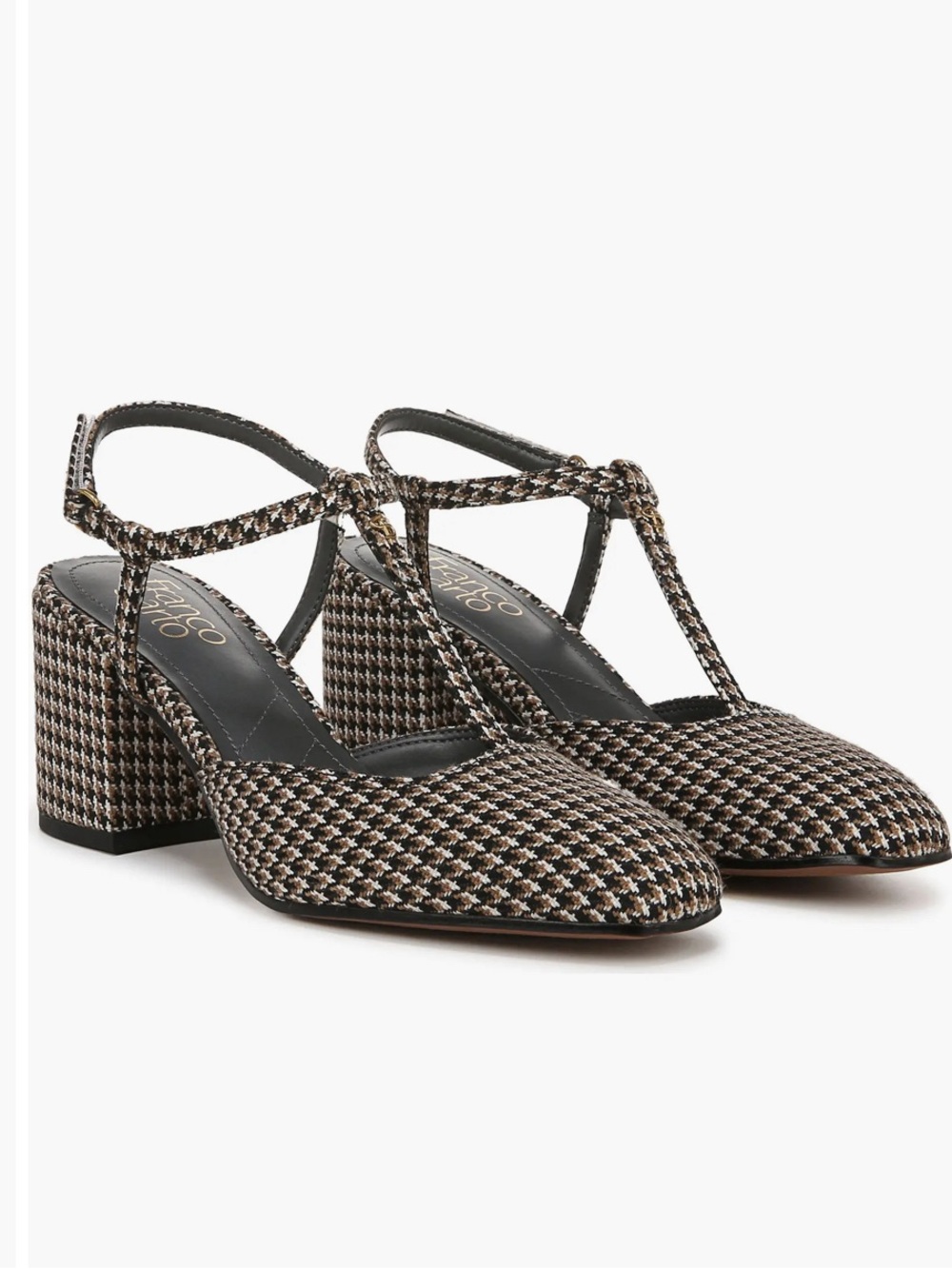 Franco Sarto Tasha Houndstooth T-Strap Block Heel Pump Plaid Tweed Sandal 9M